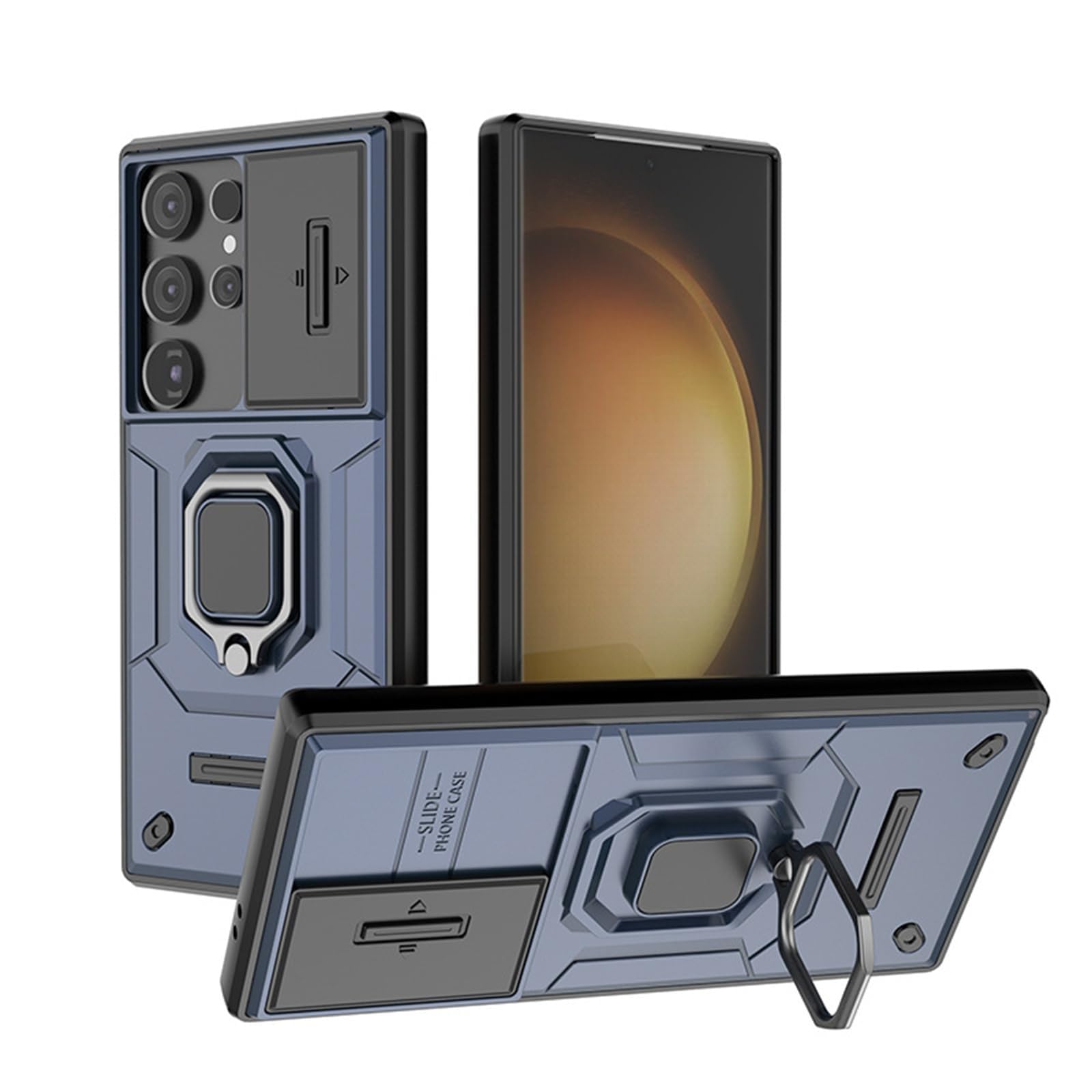 Etui do Samsung Galaxy S25 Ultra/S25 Plus/S25, powłoka ochronna na przesuwne soczewki, uchwyt magnetyczny, odporne na wstrząsy, pierścień na palec, antypoślizgowe etui (niebieskie, S25 Plus)