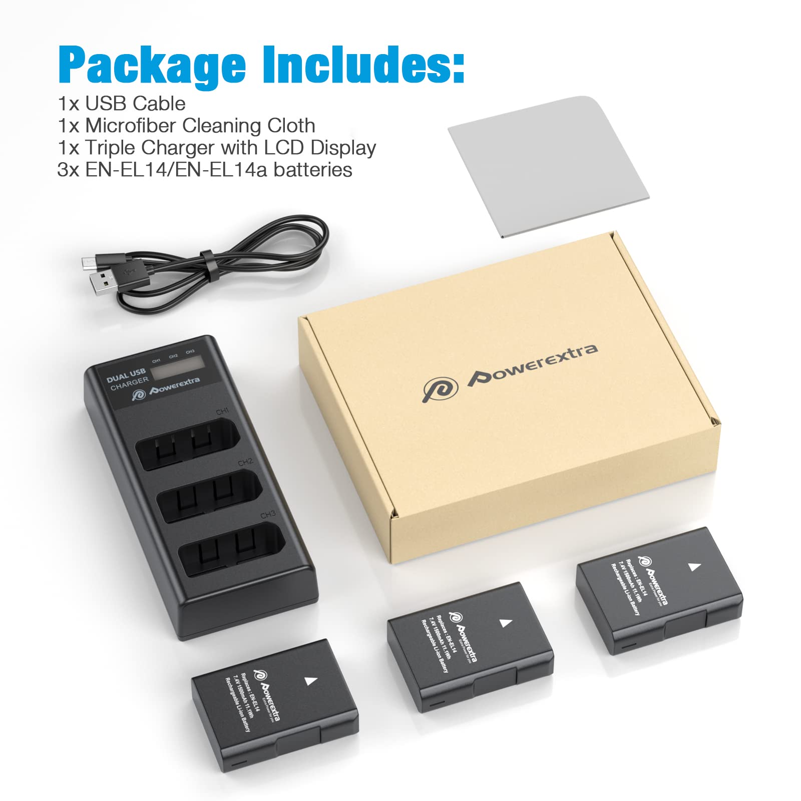Powerextra 3 x EN-EL14 EN-EL14a Battery & LCD Triple Charger Compatible with Nikon D5600 D5500 D5300 D5200 D5100 D3500 D3400 D3300 D3200 D3100 Df Coolpix P7800 P7700 P7200 P7100 P7000