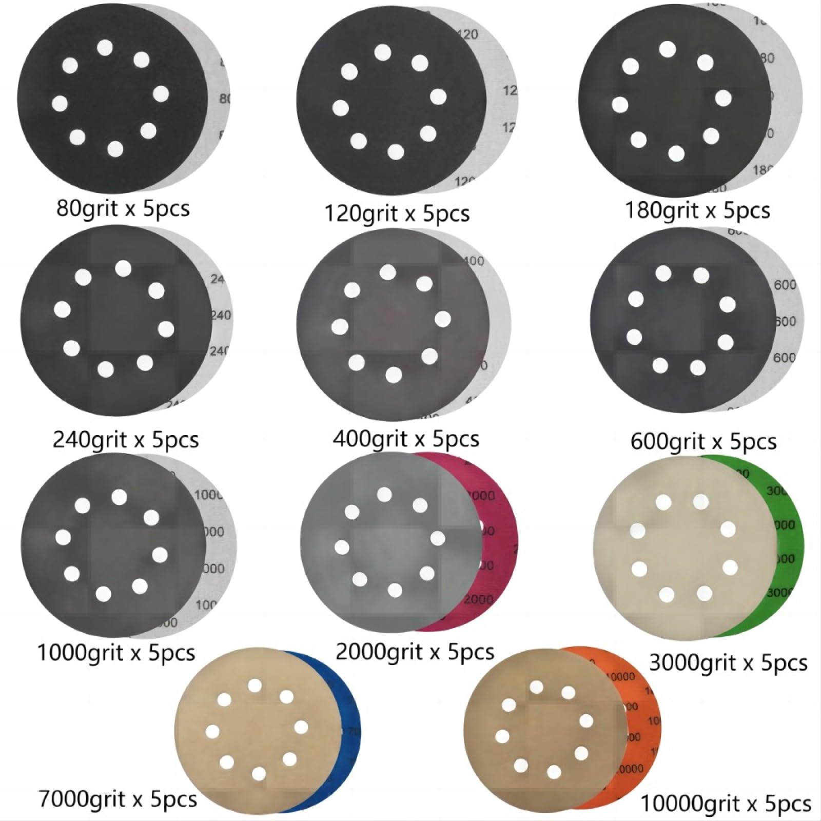Carta Vetrata A Strappo Da 12,7 Cm, 8 Fori, 59 Pezzi, Assortiti Bagnati E Asciutti, Grana 80-10000 Con Platorello M10 Per Levigatrice Orbitale Casuale