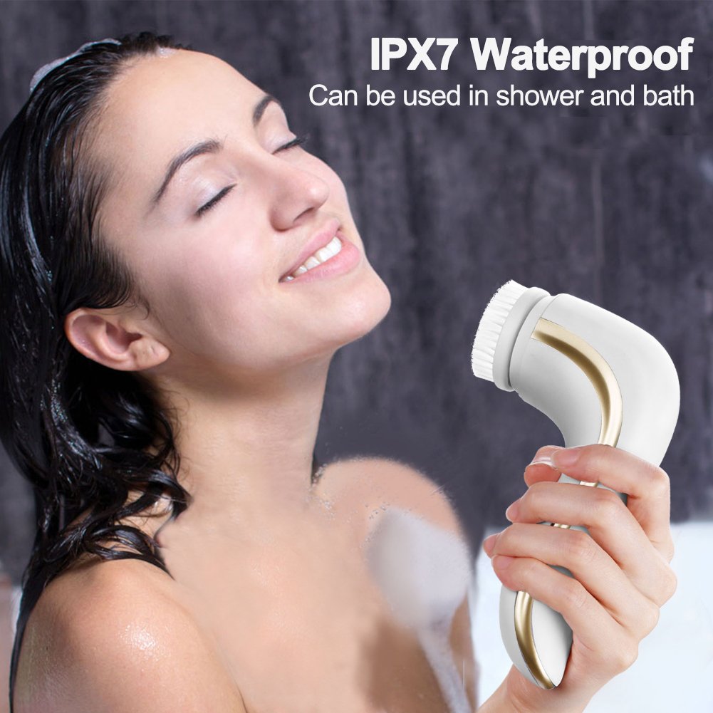 OKACHI GLIYA Cepillo Facial Limpiador Eléctrico con IPX7 Impermeable del Agua Exfoliante de Piel Limpieza Profunda con 2 Cabezales de Cepillo – Dorado