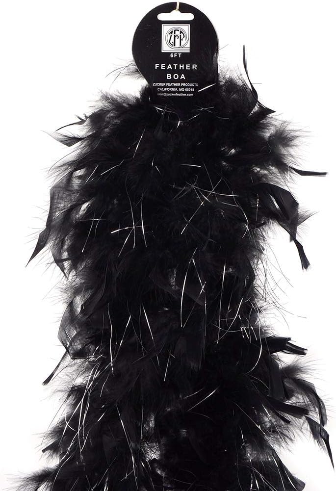 ZUCKER Chandelle Feather Boa - Turkey Feathers with Tinsel 6 Ft - Christmas Decorations - Vibrant Holiday Home Decor - Costume Cosplay Accessory - Black/Silver Lurex