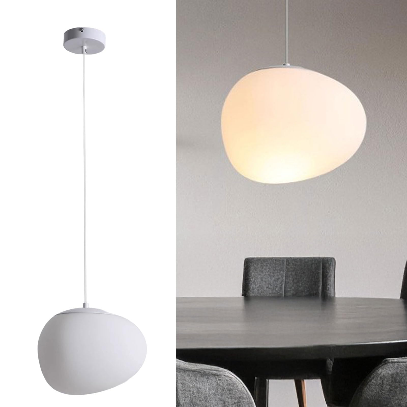 Organic Pebble Shaped Pendant Light, White Opal Glass Hanging Lamp, Minimalist Modern Design for Kitchen Island, Dining Room, Living Room, Bedroom