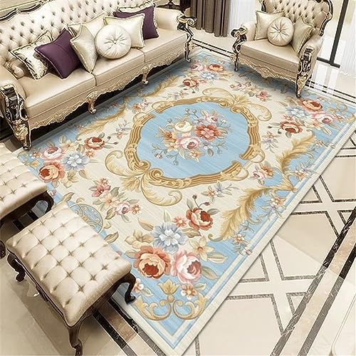 Grand tapis durable bleu clair au tissage géométrique dense