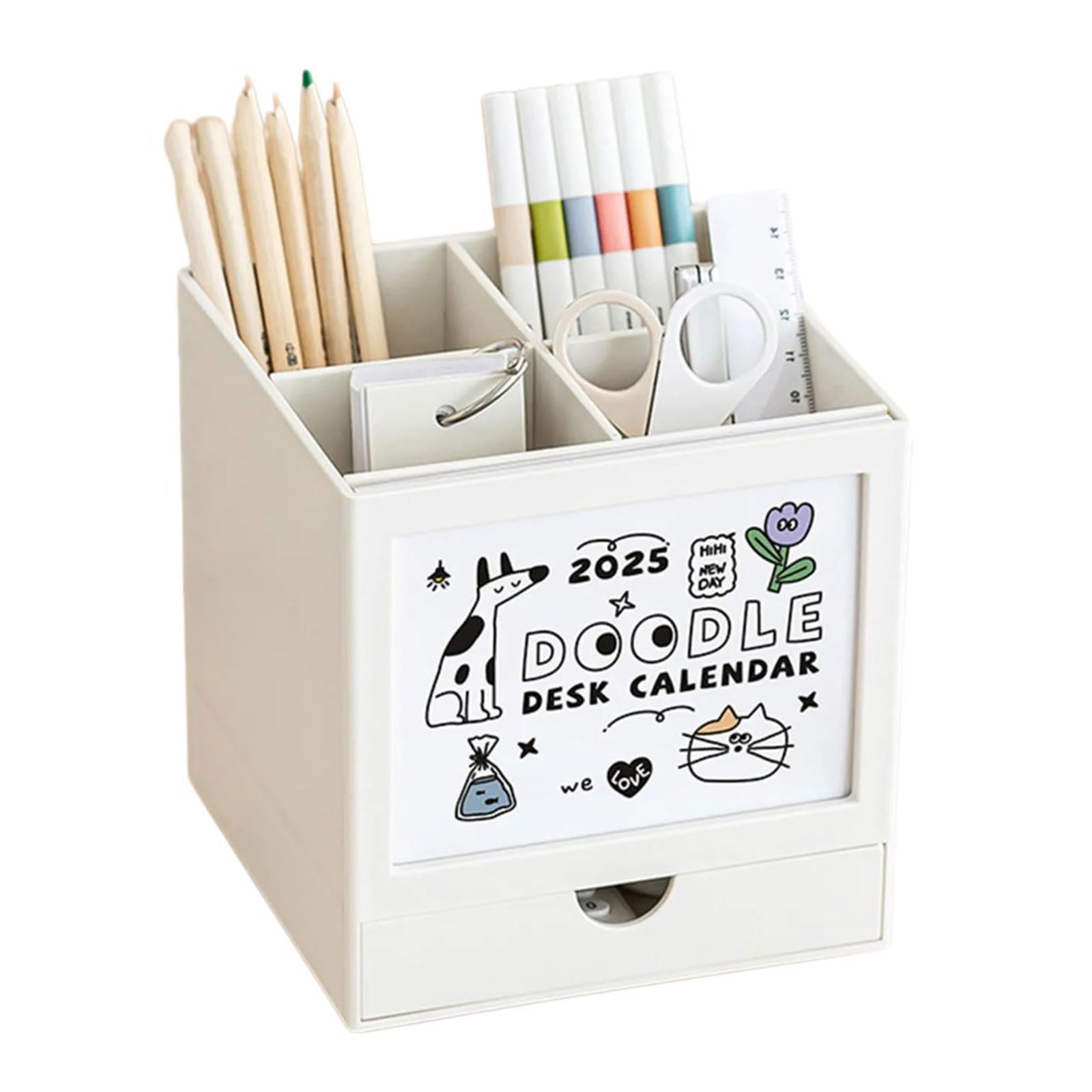 Organizzatori multiuso per penne con calendario 2025 e cassetto portapenne da scrivania a 4 scomparti organizer per matite rotanti per studenti insegnanti uso ufficio