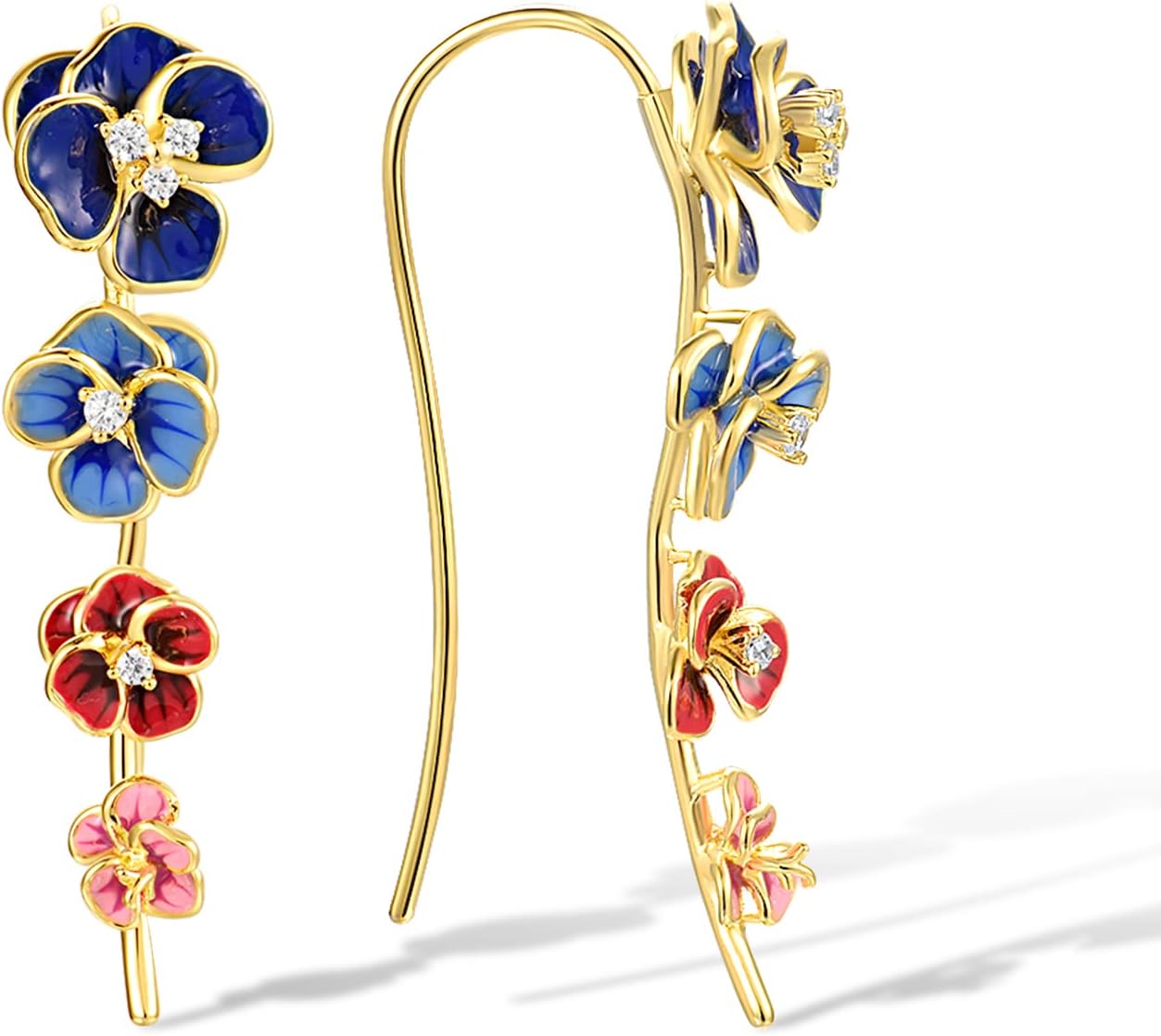 Santuzza 925 Sterling Silver Enamel Flower Ear Cuffs Climber Earrings for Women