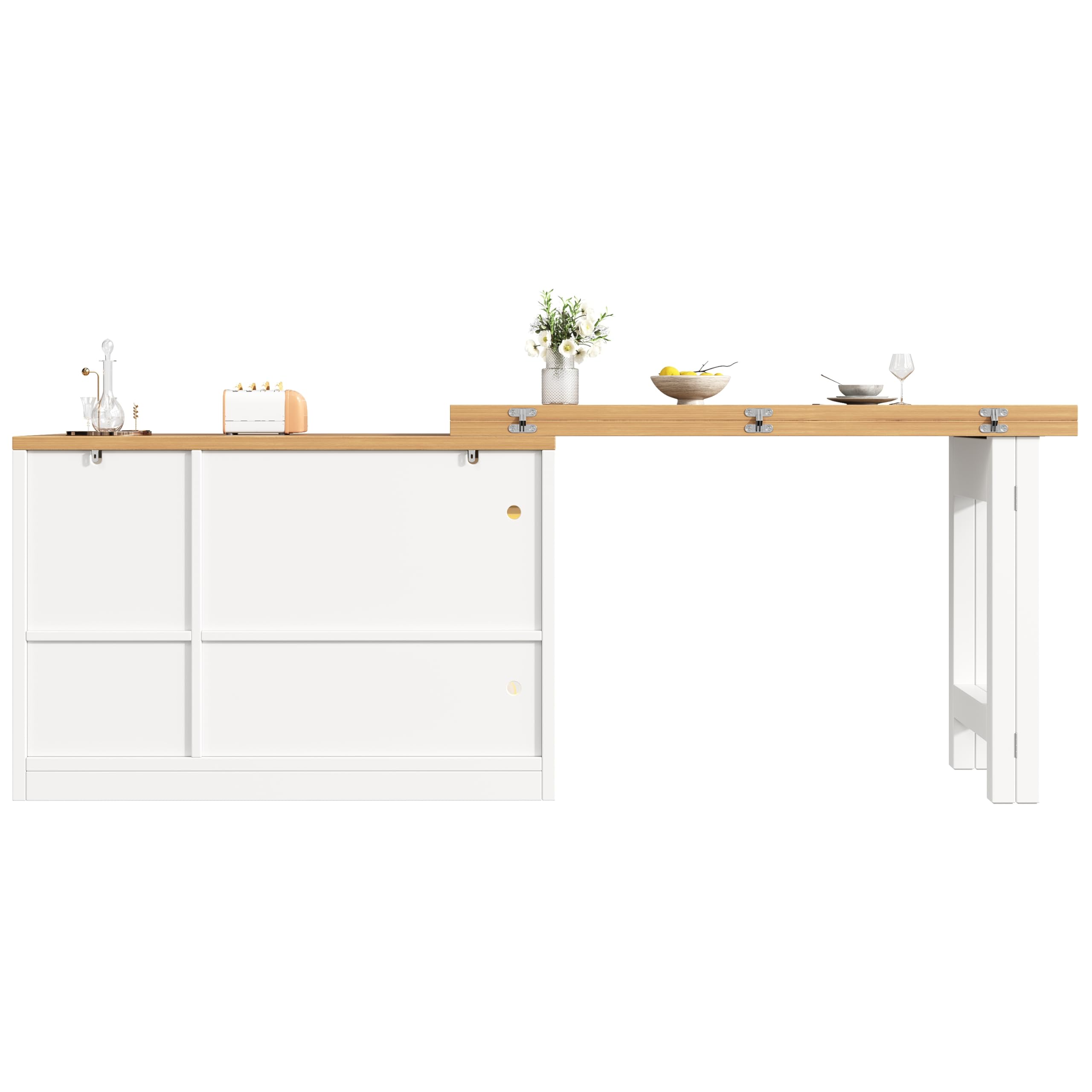 Tavolo da bar allungabile con vano portaoggetti, girevole a 360°, tavolo da pranzo pieghevole, 3 porte, 3 cassetti, isola da cucina, per soggiorno, sala da pranzo, 120-200 x 40 x 75,5 cm