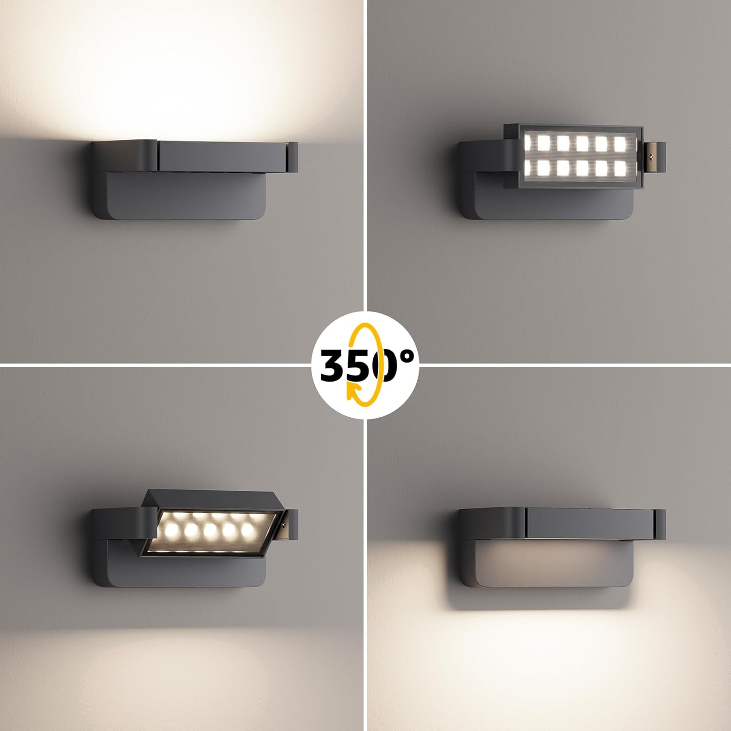 Four images demonstrating the 350-degree rotatable LED panel of the Aipsun wall light, showing different light angles and effects.