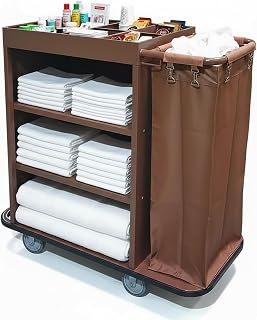 Hotel Commercial Housekeeping Cart, Heavy-Duty Janitorial Trolley with Large Linen Bag, Room Service Cleaning Caddy for Hotels and Resorts