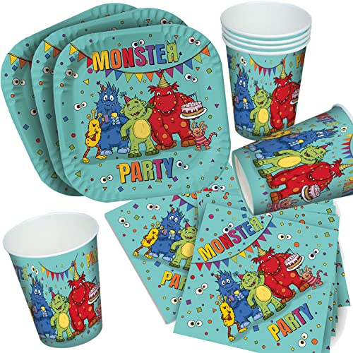 Carpeta 37-TLG Partyset * LUSTIGE Monster * für Kindergeburtstag mit Teller + Becher + Servietten + Deko | Kinder Geburtstag Set Mottoparty