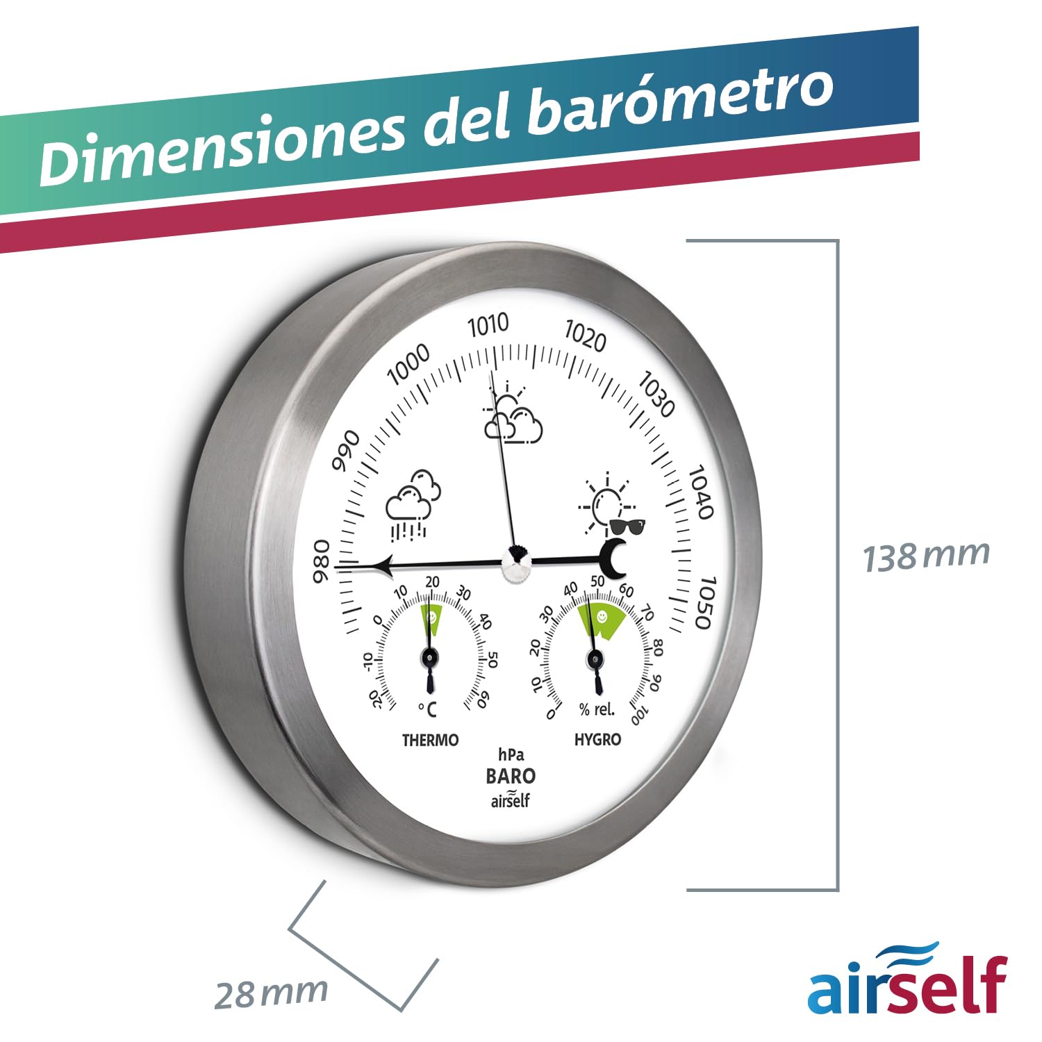 airself Estación meteorológica analógica para Interiores y Exteriores - con barómetro, termómetro, higrómetro - Acero Inoxidable