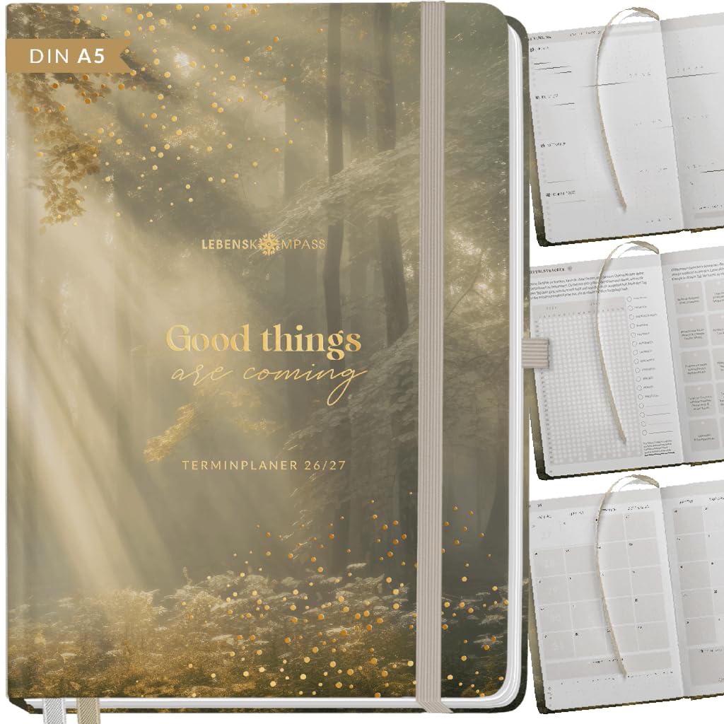 Lebenskompass® Kalender 2026 2027 A5 Wald - Terminplaner Juli 2026 bis Dezember 2027 - 18 Monate Wochenplaner & Buchkalender mit Achtsamkeit, Hardcover mit Goldprägung