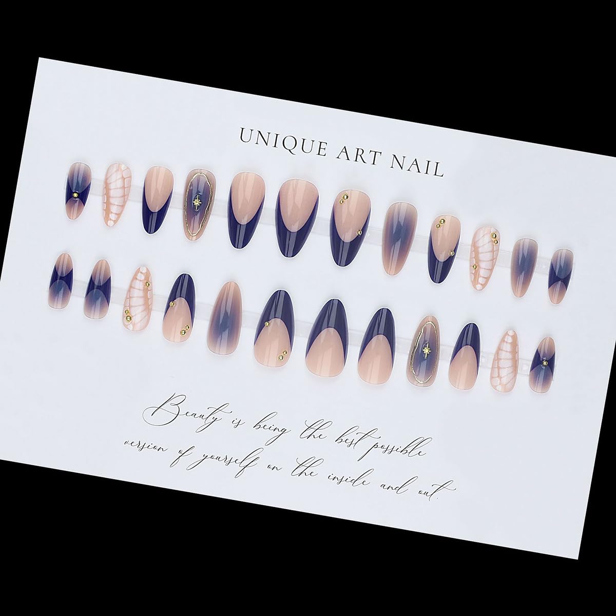 French Tip Almond Press On Nails With 3d Gild Cross Charms Kit_voghion.com