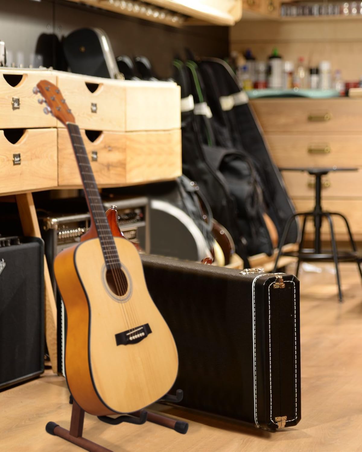STRICH Supporto per chitarra in legno, pieghevole, stile A, per chitarra acustica, elettrica, da pavimento, per basso, violoncello, mandolino, banjo (colore noce)