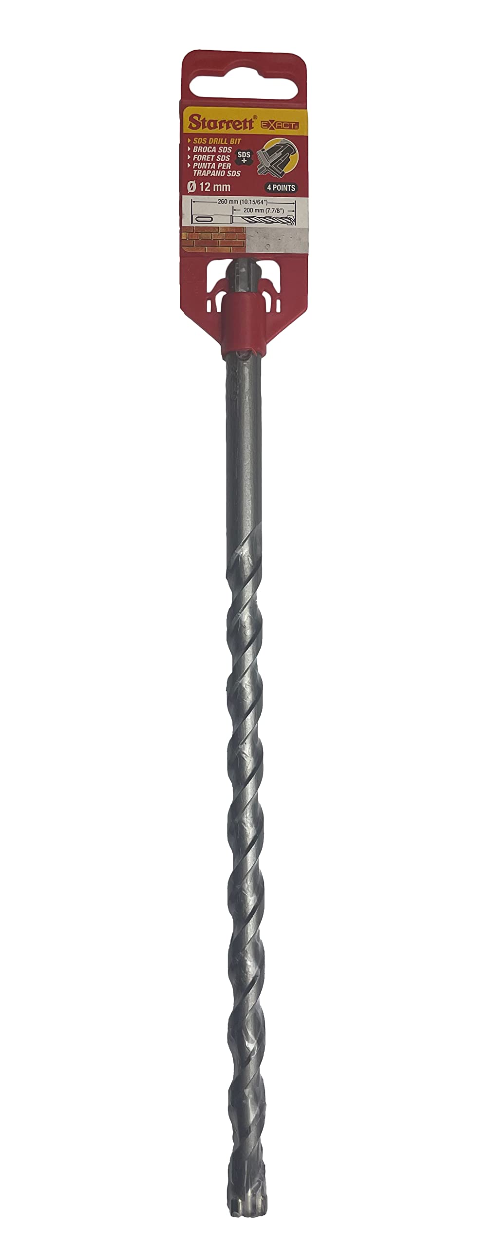 Starrett SDS Plus. Wiertło - 12X260MM KBPX12D PGM Zatwierdzona końcówka z węglika spiekanego 4-punktowe wiertło udarowe - do betonowych cegieł kamiennych