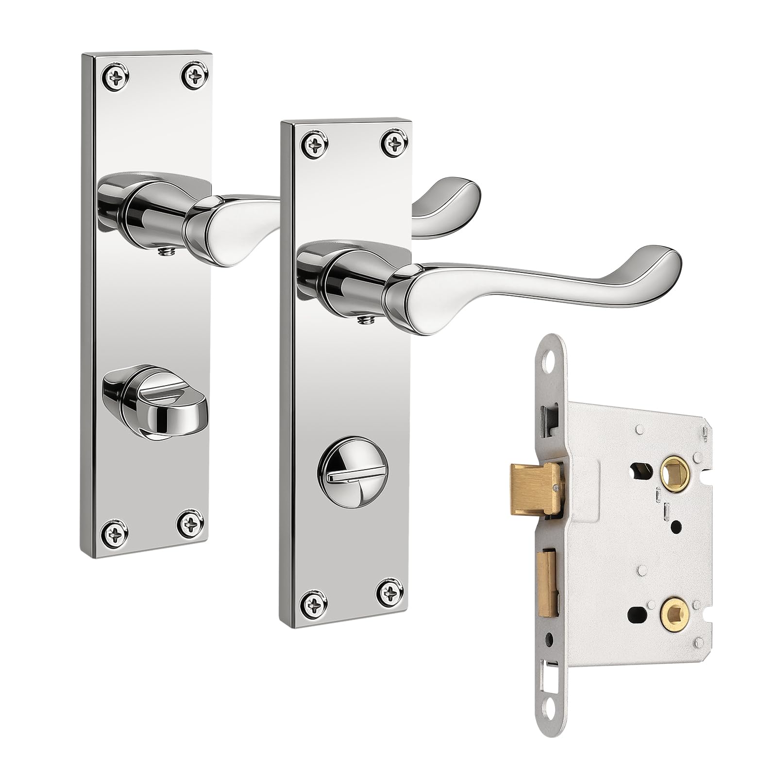 Pinlin Bathroom Polished Chrome Door Handles, Elegant Door Handle Set, Victorian Scroll Door Lever with 57mm Sashlock Latch, Ideal for Internal Wooden Bathroom and Toilet Doors