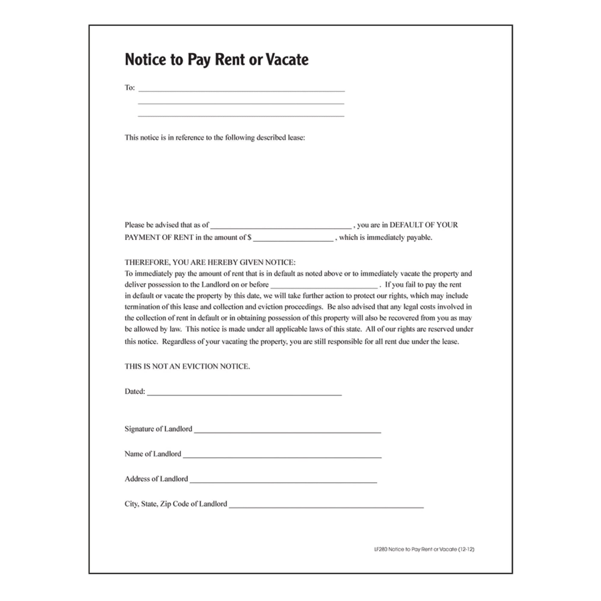 Amazon.com : Adams Notice to Pay Rent or Vacate, Forms and Instructions [Print and Downloadable] (LF280), White : Legal Forms : Office Products for Free Printable Notice To Vacate Form