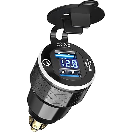 Qidoe DIN Hella Stecker auf USB Adapter, Dual QC 3.0 DIN USB Motorrad mit Voltmeteranzeige, Aluminium USB Ladegerät für 12V-24V Ducati, Triumph, BMW Motorräder im europäischen Stil