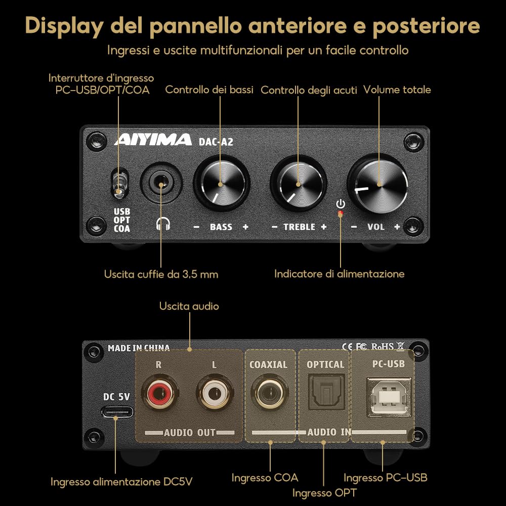 AIYIMA DAC-A2 DC5V Mini Decodificatore audio DAC alimentato USB Amplificatori per cuffie desktop Coassiale/Ottico a RCA Uscita per cuffie Convertitore digitale-analogico a 24 bit 192 KHz