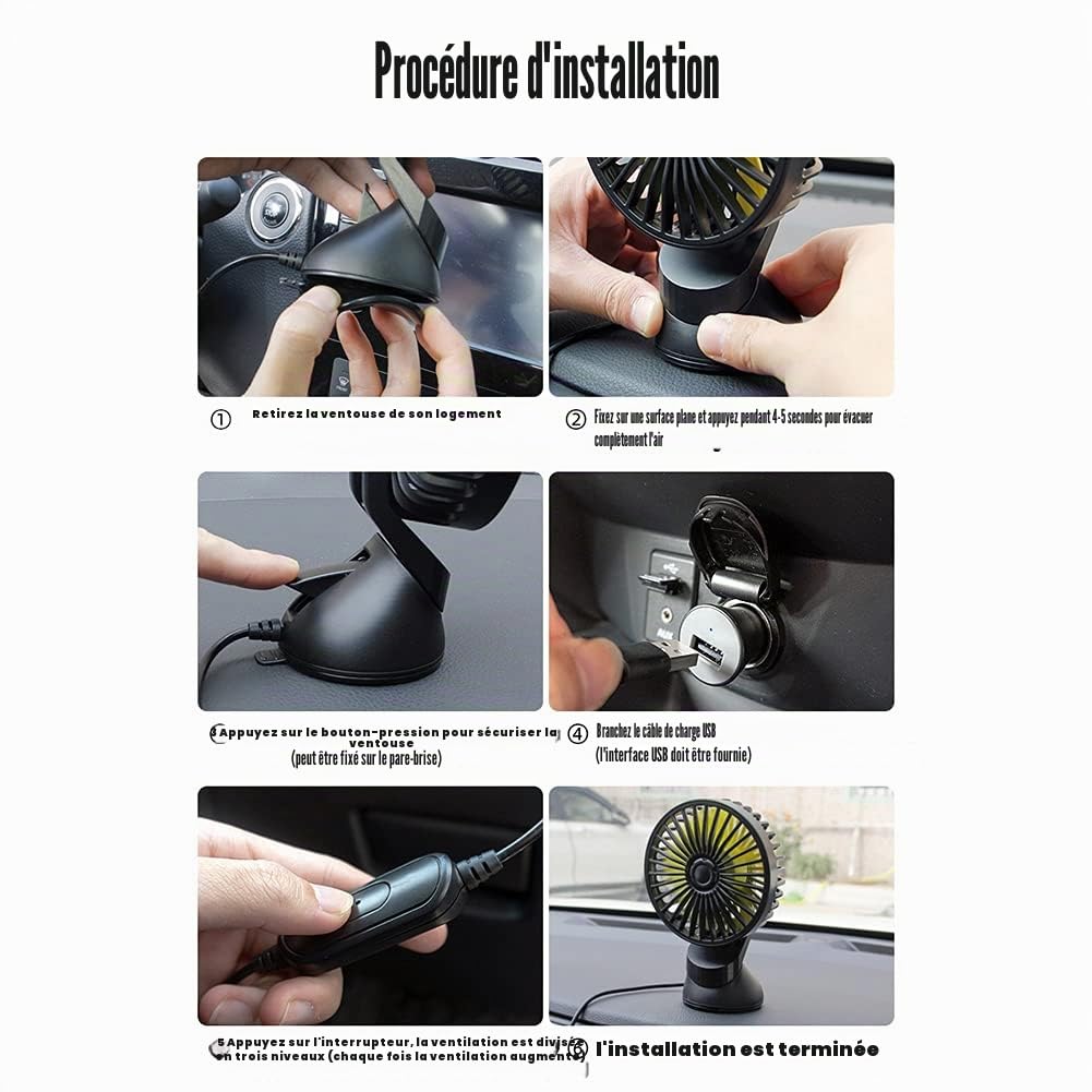Demiawaking Ventilateur de voiture USB 12 V 24 V 3 vitesses avec ventouse (02)