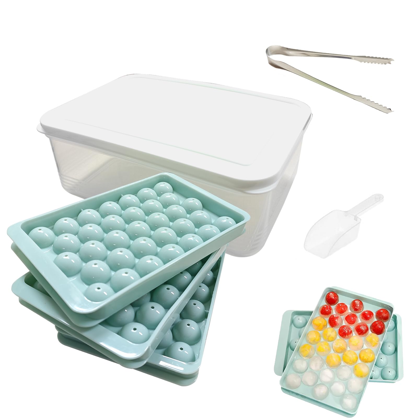 3 Packs Reusable Ice Cube Trays with Bin& Tong& Scoop, 33 Ice Cube per Tray, Food-Grade Ice Cube Moulds, Ice Cube Maker for Freezer, Round Ice Ball Maker Mould for Chilling Cocktail Whiskey