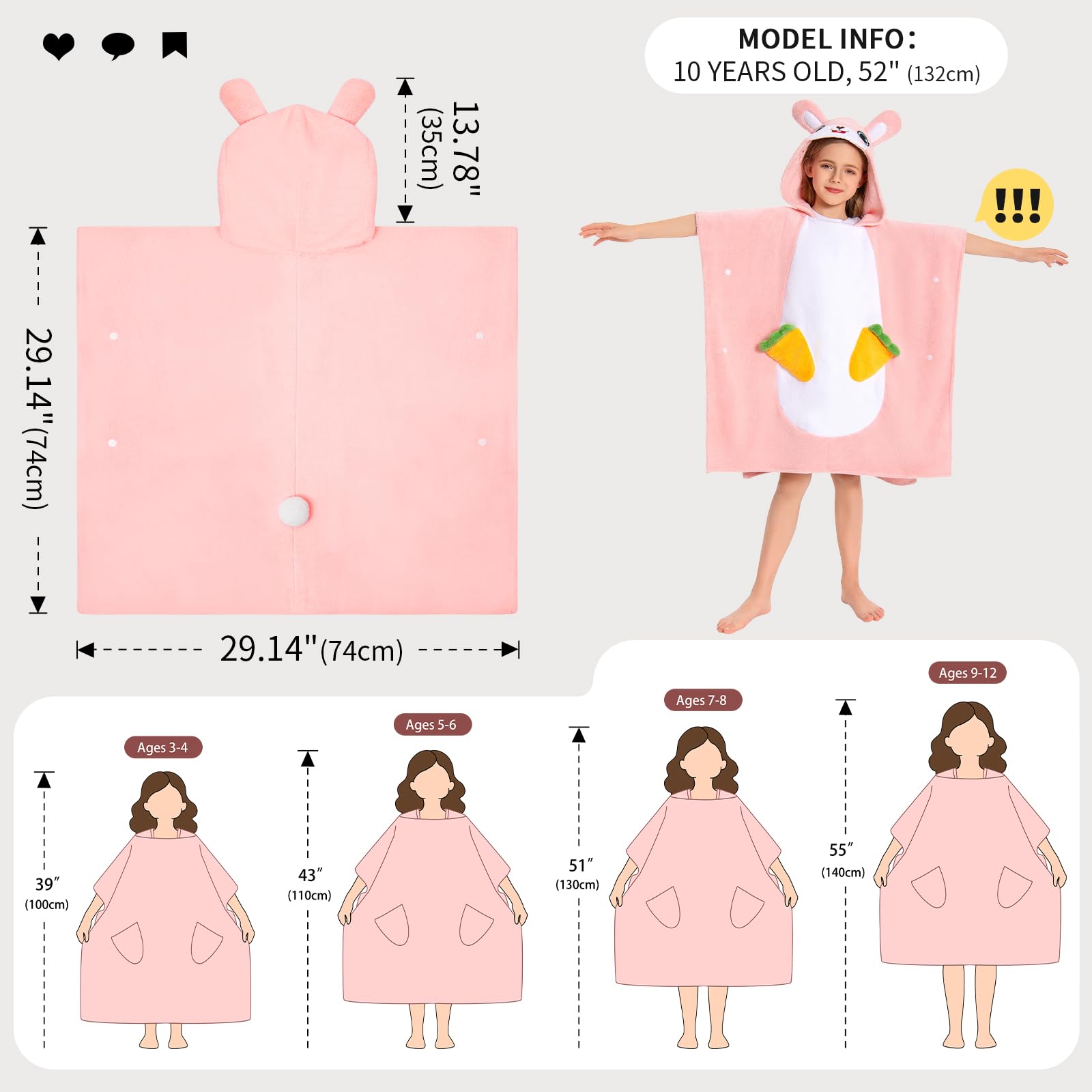 OLAOLA Kids Poncho Towel Hooded Beach Changing Robe Children Absorbent Bath Towels Swimming Wrap for Boys Girls 3-12 Years, Bunny - Image 2