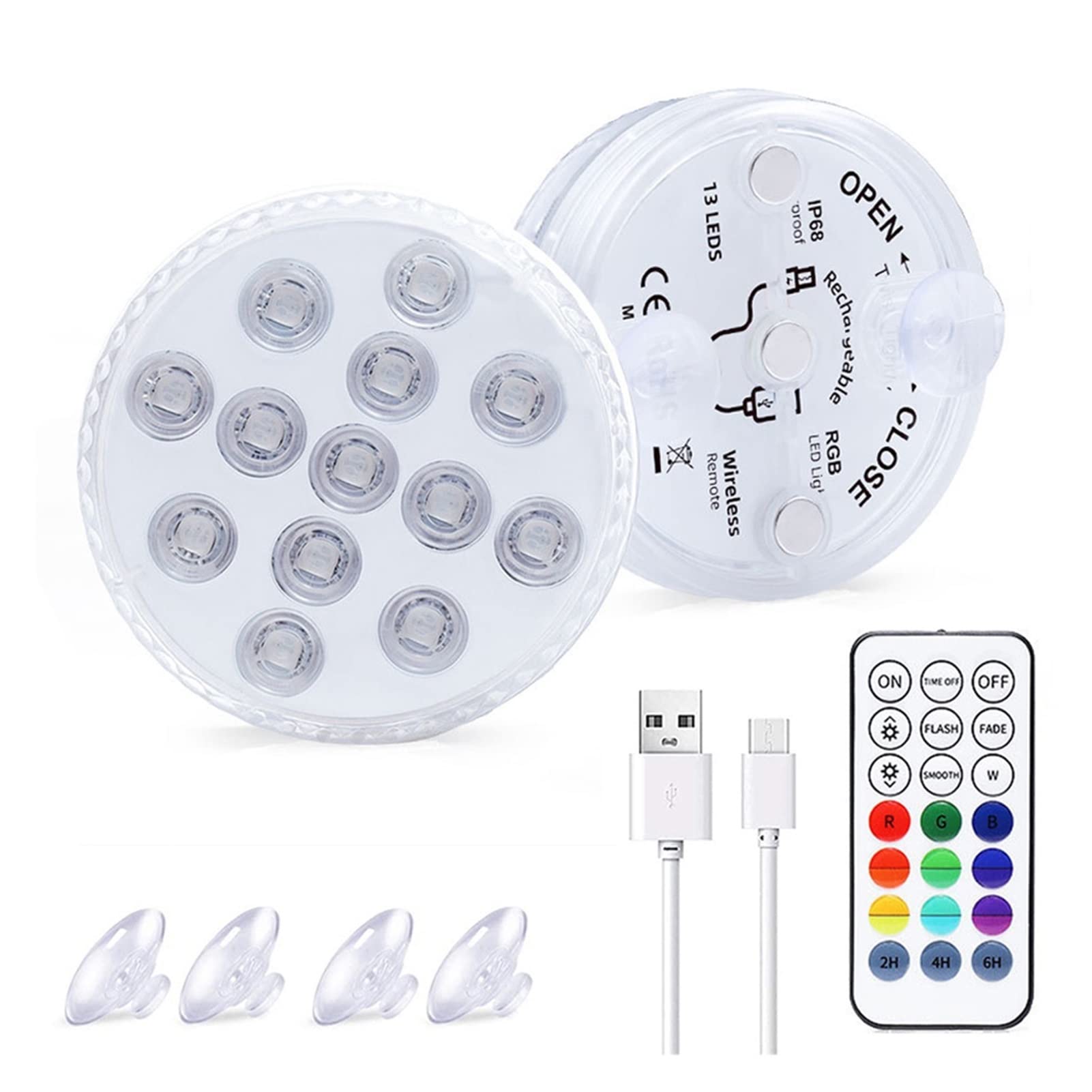 13 Le Ds sumergible magnético DIRIGIÓ Luz submarina impermeable ligera USB Lámpara de noche recargable piscina con tazas succión(1 Controller 1 Lamp)