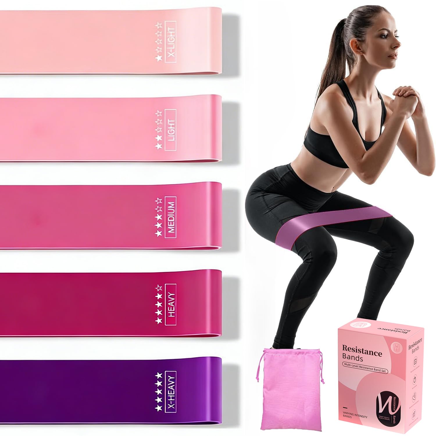 Resistance Bands, 5 Pieces Exercise Bands, Pink Elastic Bands,Stretch Bands for Exercise Workout Bands, for Indoor Fitness, Leg Strength Training, Rehab, Gym,Yoga
