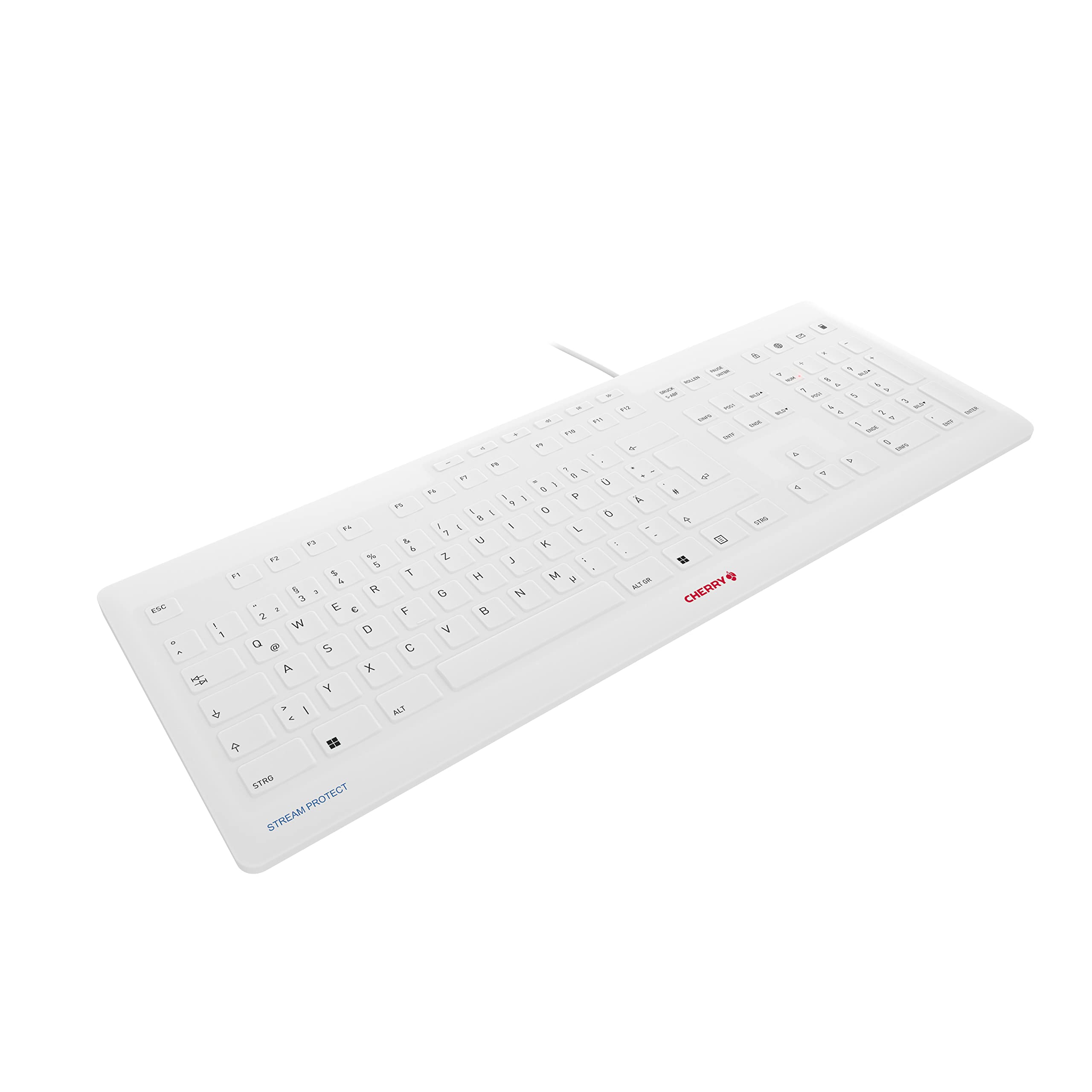 CHERRY STREAM PROTECT KEYBOARD, Tastiera Con Filo con Copritastiera Removibile in Silicone, Layout per la Germania (QWERTZ), Design piatto, Disinfettabile, Bianco-Grigio