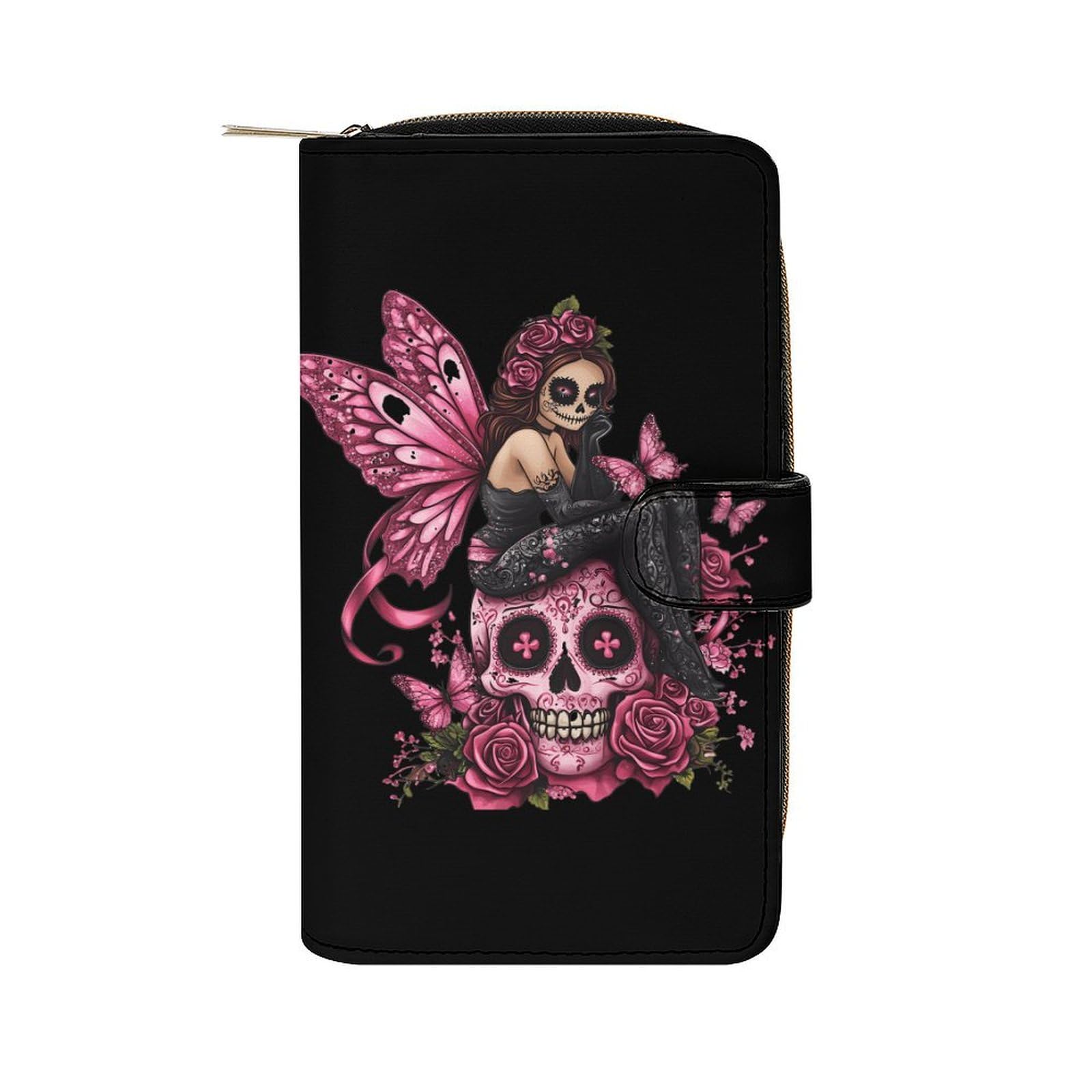 Skull Fairy Breast Cancer Awareness Ribbon Long Wallet PU Leather Credit Card Holder Durable Zippered Purse Clutch Wallet