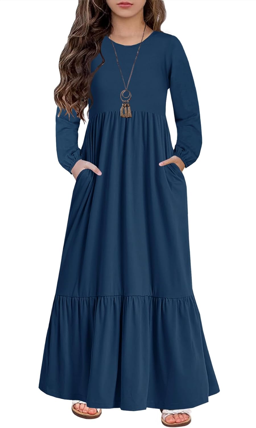 HOSIKA Girls Maxi Dress Lantern Long Sleeve Loose Flowy Tiered Casual Holiday Dresses with Pockets for 6-12 Y