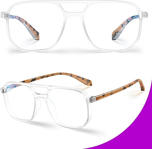 Miniatura 6 de VISOONE Gafas de gran tamaño con montura de aviador, ligeras y con bloqueo de luz azul para mujeres y hombres, anteojos de piloto falsos nerd Marion