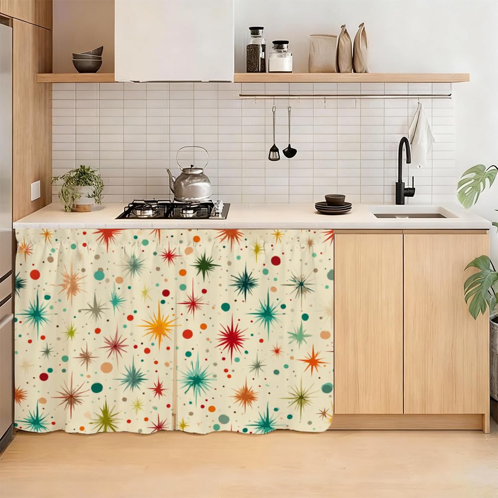 Self Adhesive Retro Starburst Cabinet Curtain for Mother's Day, 39x28 Inch Mid-Century Modern Under Sink Skirt No Drill, Spring Cleaning Kitchen Decor, Hook and Loop Valance