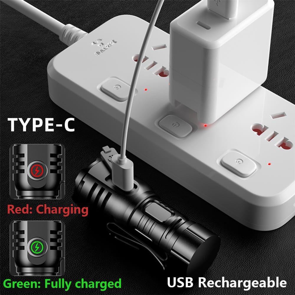 Image showing the ALONEFIRE H64 Mini LED Flashlight connected to a power adapter via a USB-C cable. The flashlight has an indicator light that glows red when charging and green when fully charged.