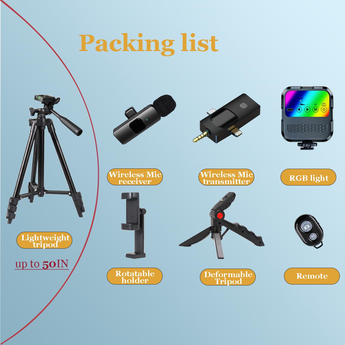 Vlogging Kit pour iPhone Andriod Phone, Kit Youtuber Complet, kit vidéo Influenceur Trípode móvil W/micrófono inalámbrico/Luz RGB/remoto/trípode Extensible