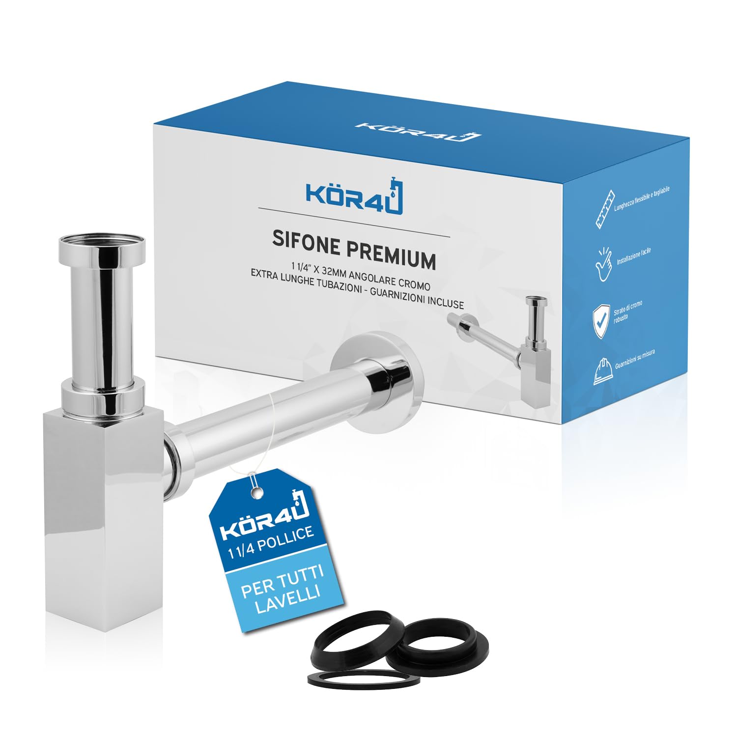 kör4u Premium Design sifone 1 1/4 pollici x 32 mm, rettangolare, cromato, universale, con guarnizioni, sifone per bagno