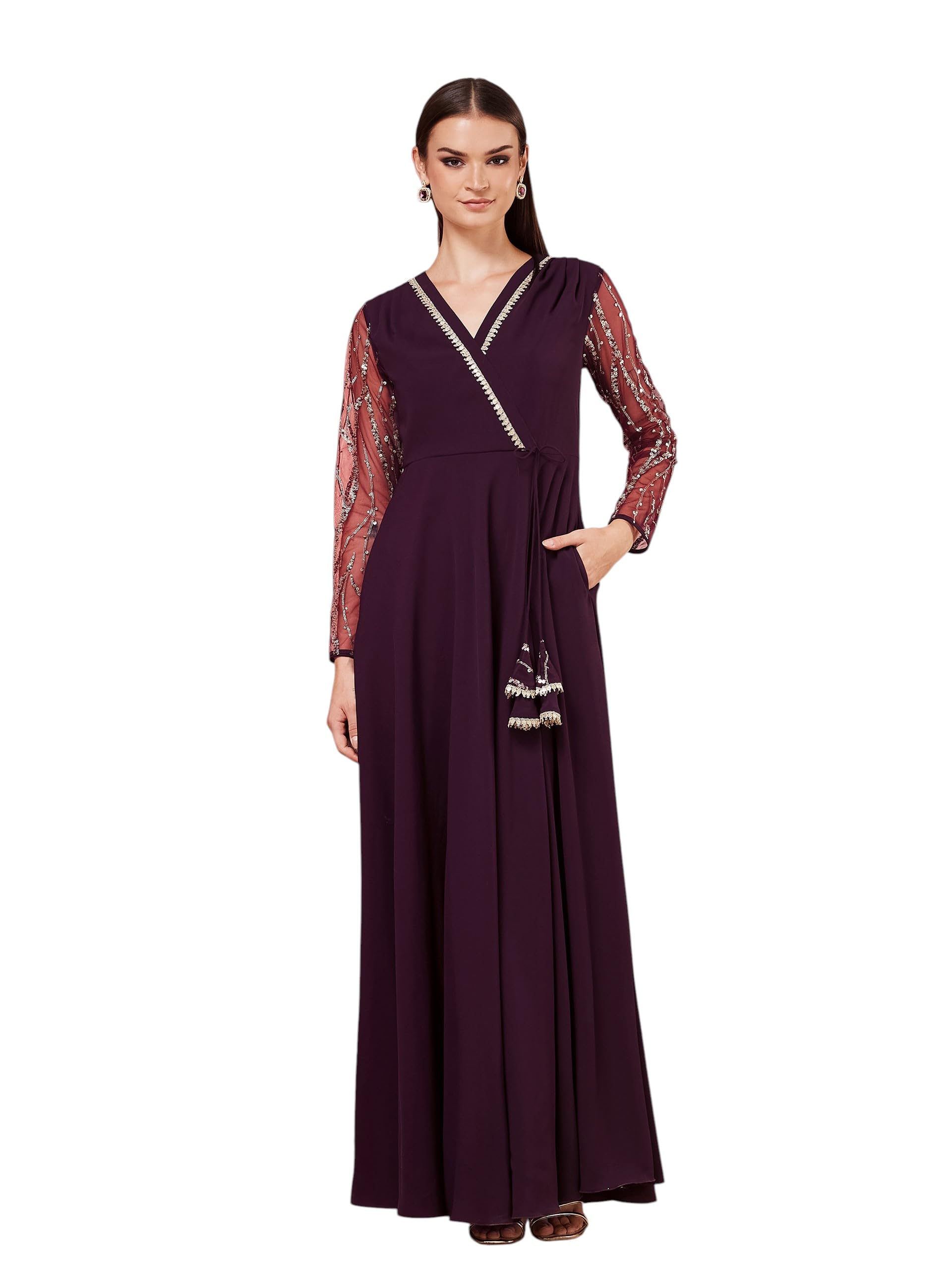 Women's V-Neck Full Sleeve Embellished Fit & Flare Maxi Georgette Ethnic Dress-image-35