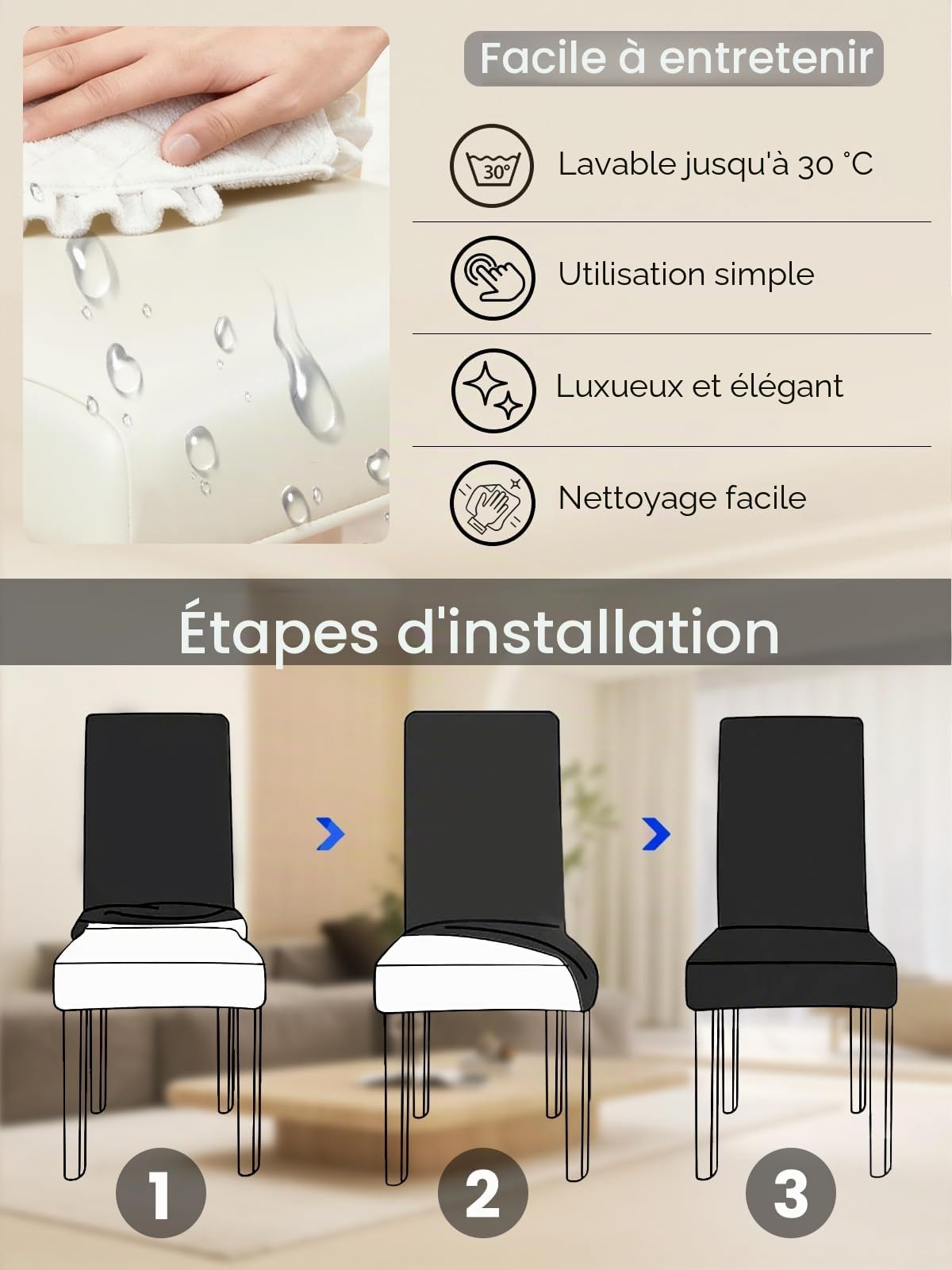 Lot de 6 housses de chaise en cuir synthétique blanc, élastiques et imperméables, lavables et amovibles, universelles pour salle à manger, cuisine, restaurant, hôtel et mariage