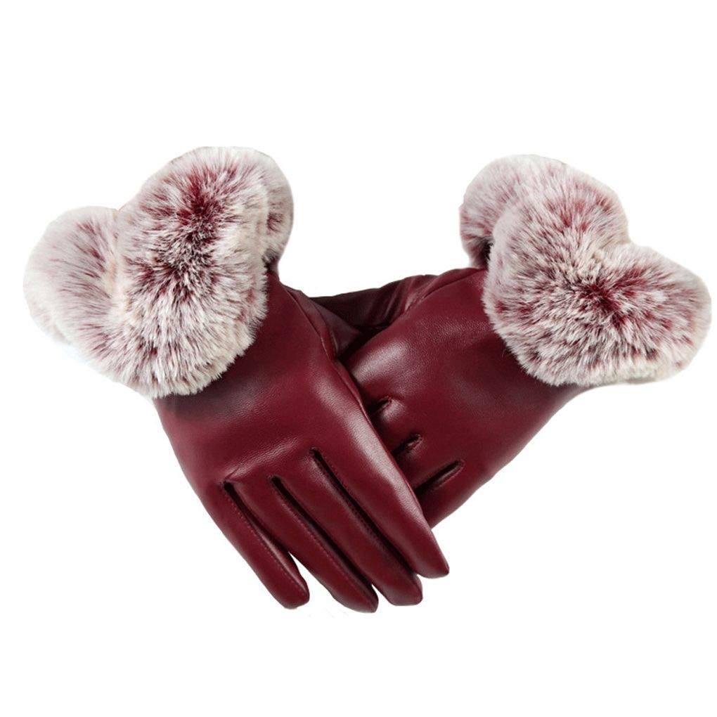 Women's & Girl's PU Warm Gloves Rabbit Fur Wrist Mittens (Maroon; Free Size)-image-43