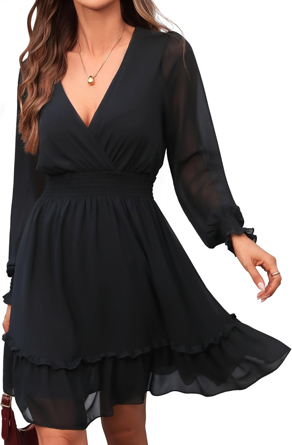 Prettywear Women's Floral Chiffon Long Sleeve Mini Dress Flowy A-Line Wrap Neck Tie Back Short Dress