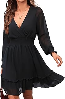 Women's Floral Chiffon Long Sleeve Mini Dress Flowy A-Line Wrap Neck Tie Back Short Dress