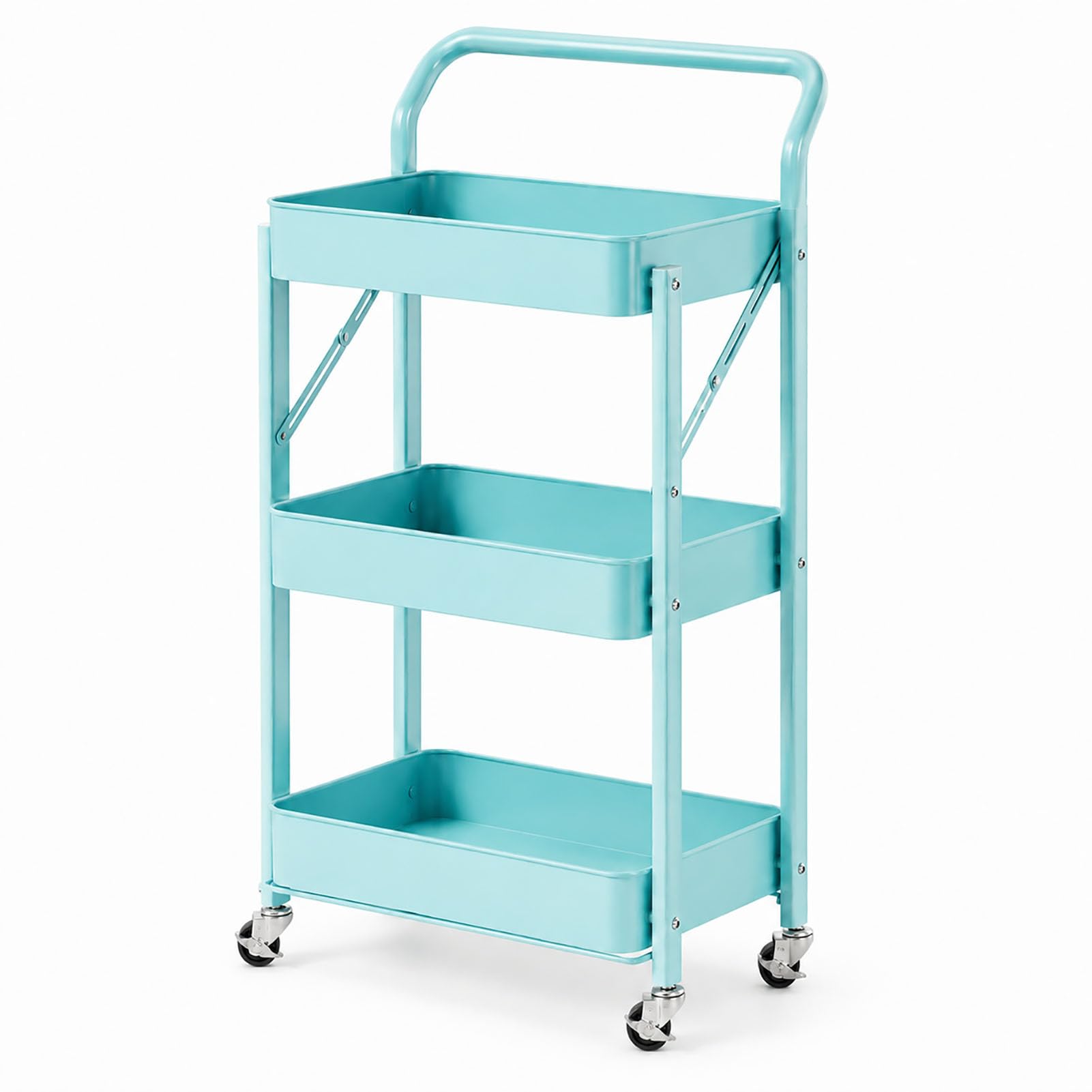 Chariot de Coiffure Pliable, Tablette de Coiffure à roulettes, 3 Étagères et 4 Freins, Desserte en Acier Carbone pour Salon et Spa, 45 x 29,5 x 88 cm,Bleu