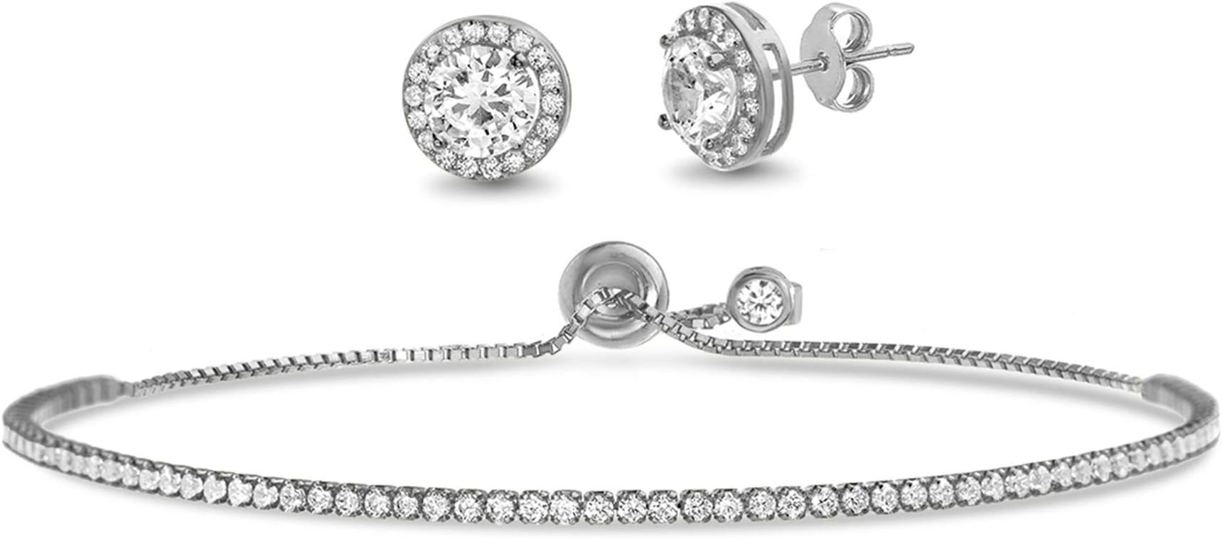Sterling Silver 2-3/8 Cttw Round Crystal Stud Earrings for Women and Adjustable Crystal Tennis Bracelet for Women Set