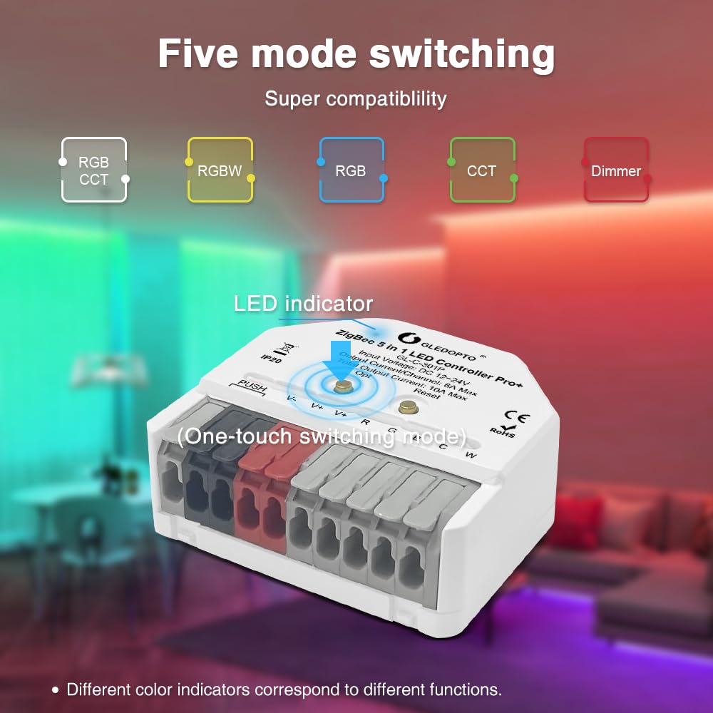 GLEDOPTO ZigBee3.0 Pro+ Ultra Mini 5 in 1 LED Strip Contrôleur RGBCCT RGBW WWCW APP Voice Control ZigBee2mqtt Conbee SmartThings