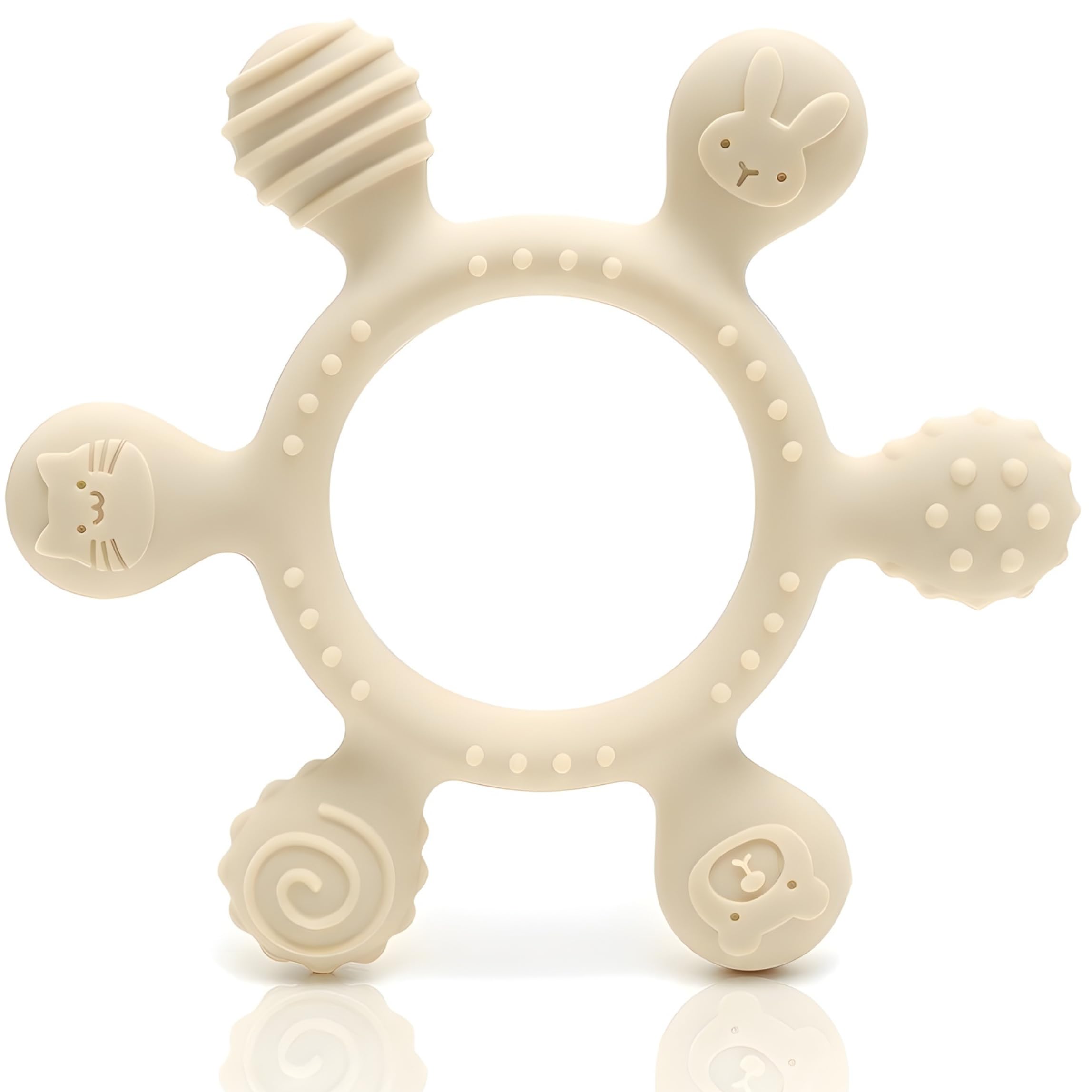 CAJA Beißring Baby BPA freie Zahnungshilfe Beißspielzeug aus Silikon Greifring mit Motiven sicheres sensorisches Babyspielzeug Geschenkidee zur Geburt Jungen Mädchen (complexion)