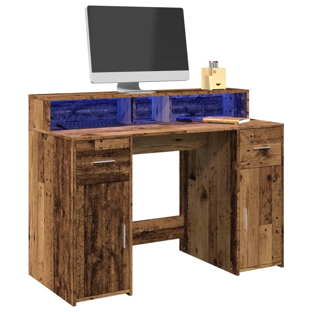 Bureau en Vieux Bois avec lumières LED RVB érgonomique pour Ordinateur PC Gamer Travail et étude Espace de Rangement Angle Pliable Hauteur réglable Assis Debout Chambre Salon étudiant Enfant