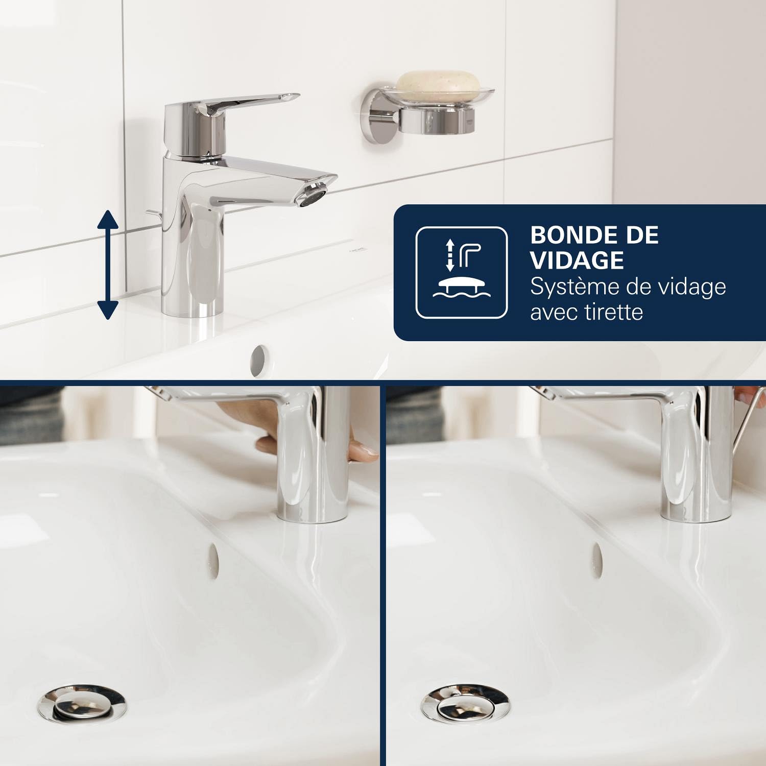 GROHE Dice Mitigeur monocommande Bidet Taille S (Robinet pour bidet de Salle de bain, Avec rotule, Tirette et garniture de vidage, Economie d'eau), Chrome, 1018770000