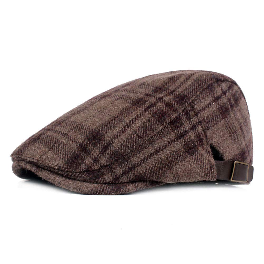 ZLSLZ Mens Winter Adjustable Woolen Tweed Plaid Newsboy Cabbie Gatsby Golf Beret Hat Cap Khaki