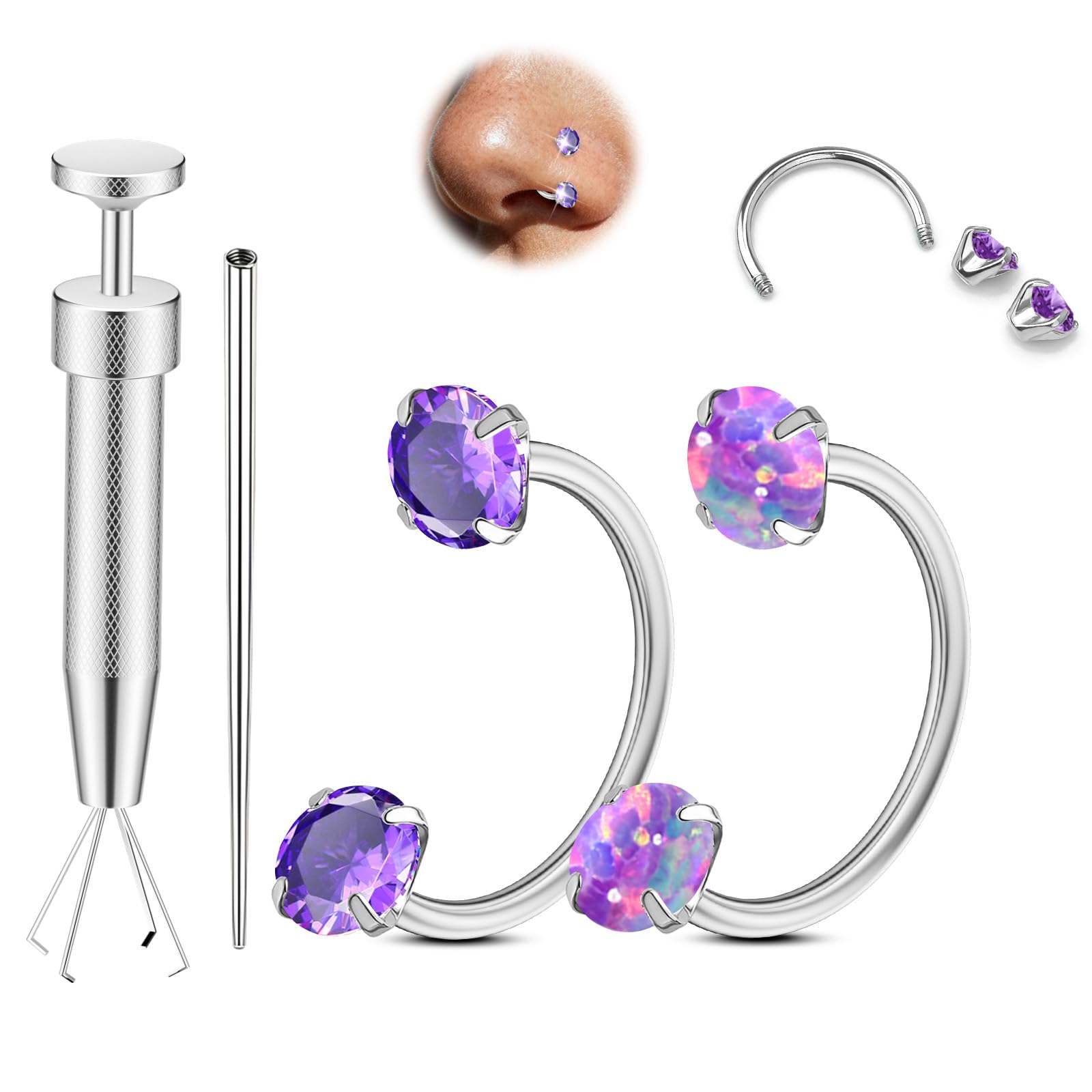 Photo 1 of 20G Horseshoe Nose Rings Studs,Surgical Steel Nose Ring Purple Cubic Zirconia Nose Piercing,Internally Threaded Nose Rings For Women,Purple Zirconia and Opal