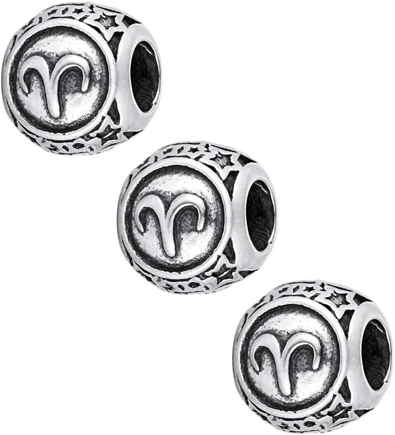 HooAMI 3 PCS Stainless Steel Beads 12 Constellations Aries Charms for DIY Jewelry Craft Making(Ancient Silver Color),9mm x 10mm