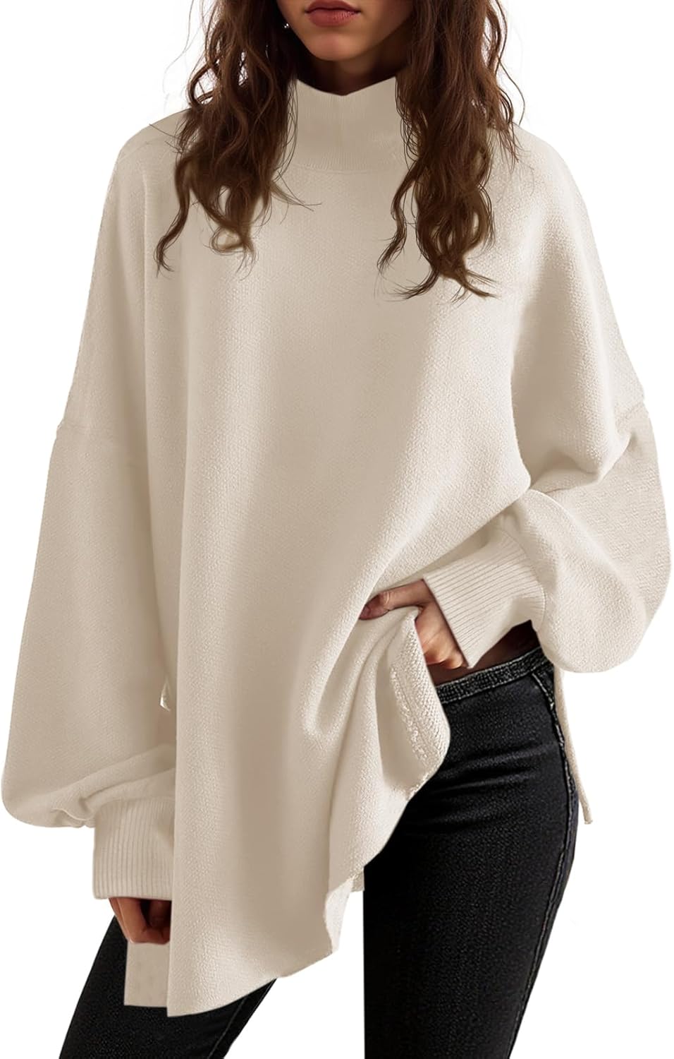 Saodimallsu Womens Turtleneck Oversized Sweaters Puff Sleeve Side Slit Casual Knit Tunic Pullover Tops